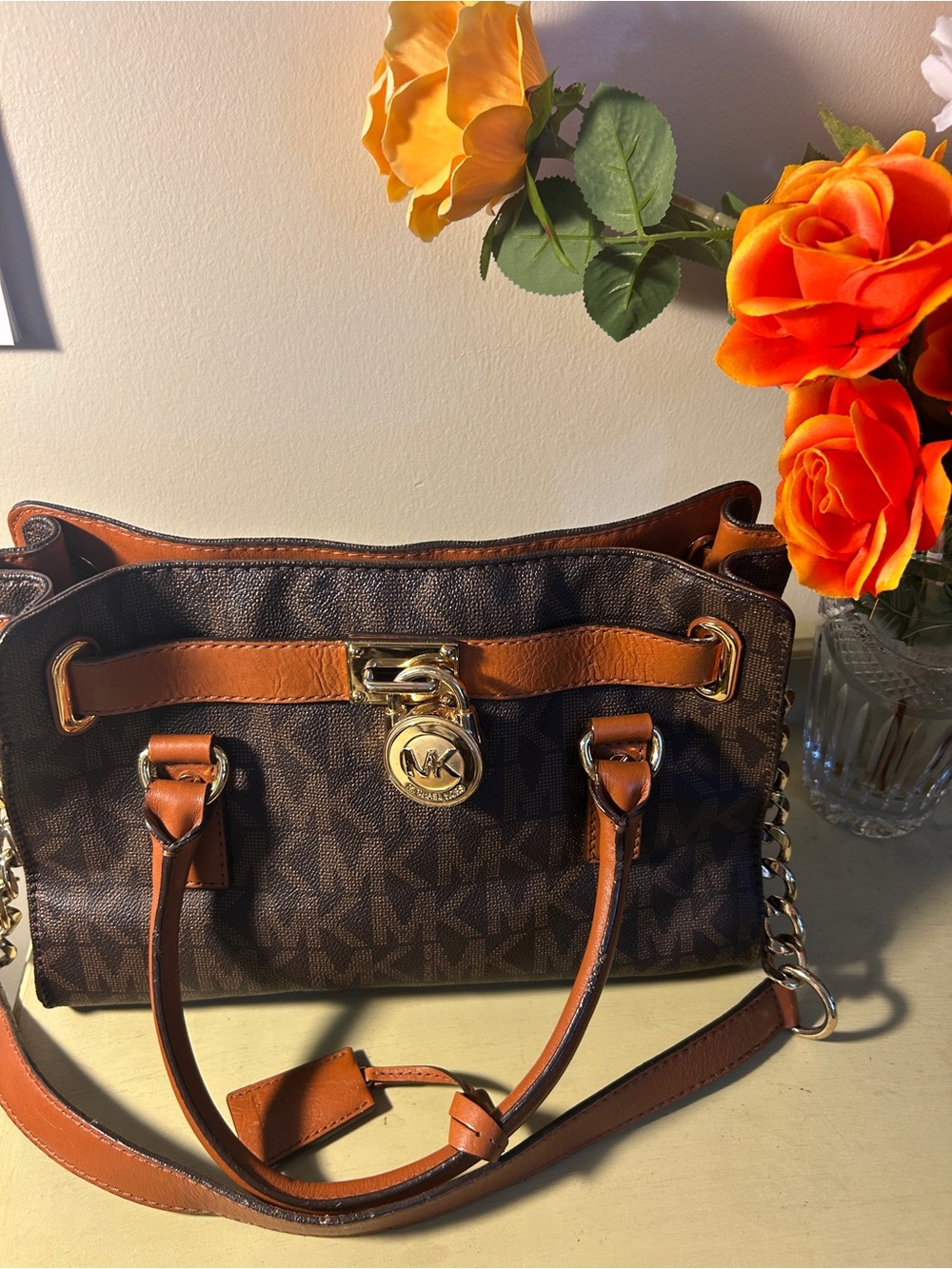 Michael Kors Hamilton Brown & Tan Logo Satchel with Gold Accent Lock